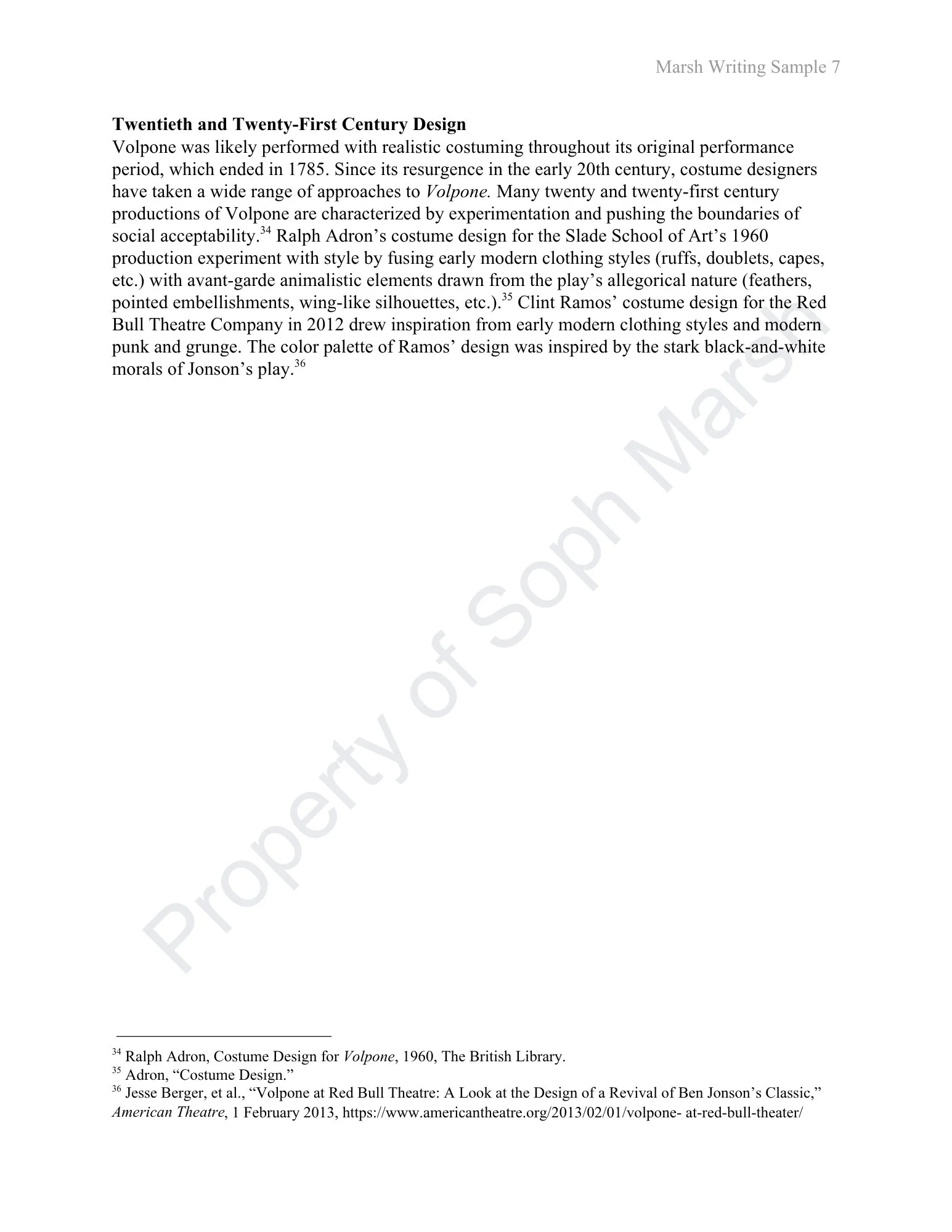 Text excerpt about Twentieth and Twenty-First Century costume design, discussing Volpone, Ralph Adrón's costume for the Slade School of Art, and Clint Ramos' design for Red Bull Theatre, with footnotes and references.