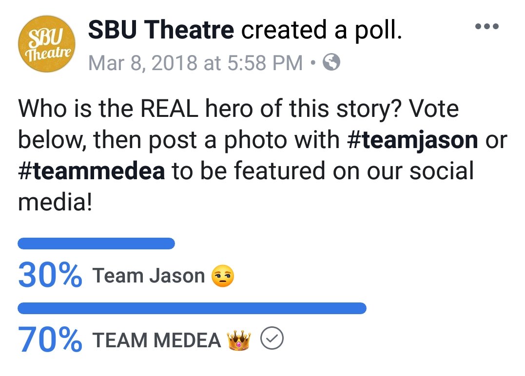 Social media poll with two options, 'Team Jason' with 30% and an angry face emoji, and 'Team Medea' with 70% and a crown emoji, along with a blue bar graph showing poll results.