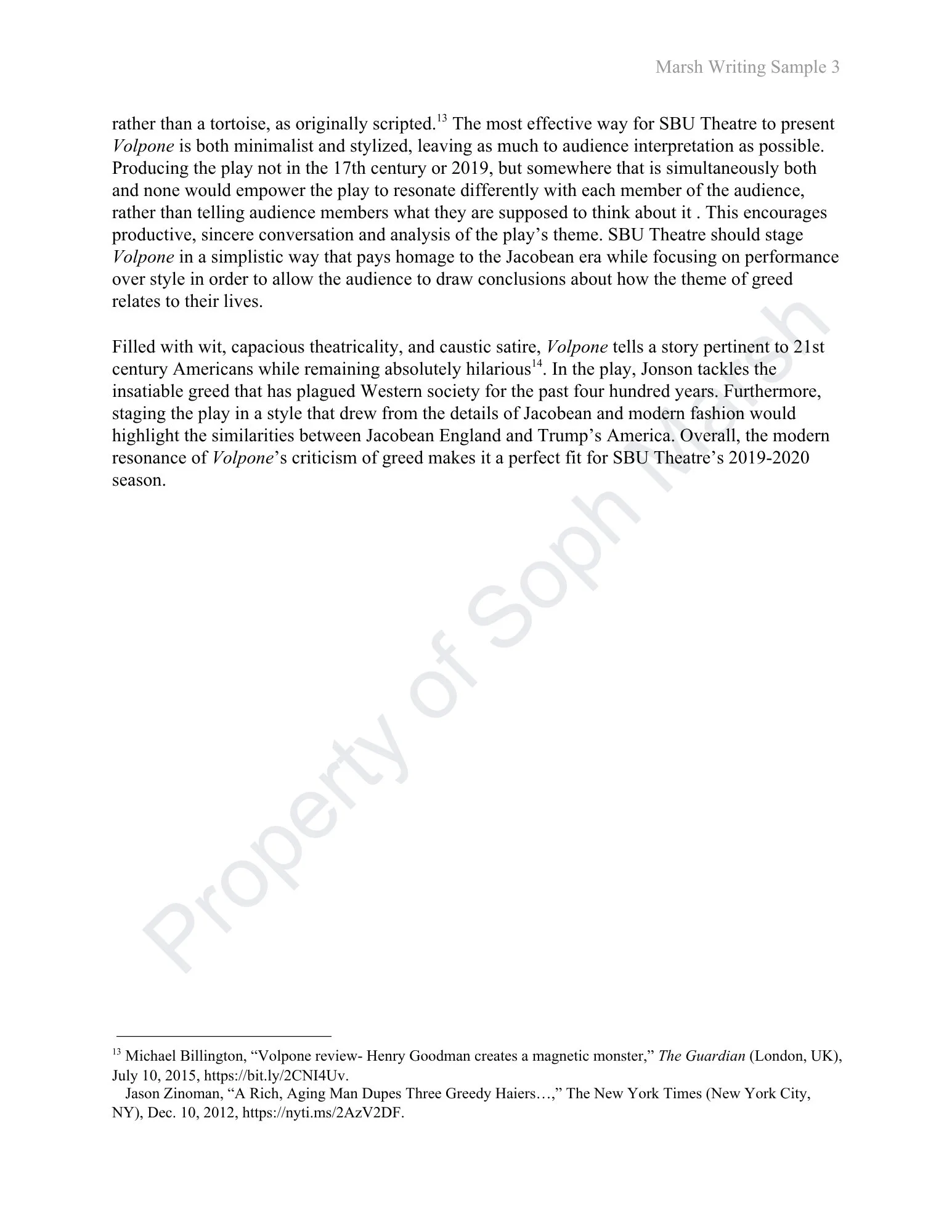 A printed page of text titled 'Marsh Writing Sample 3'.