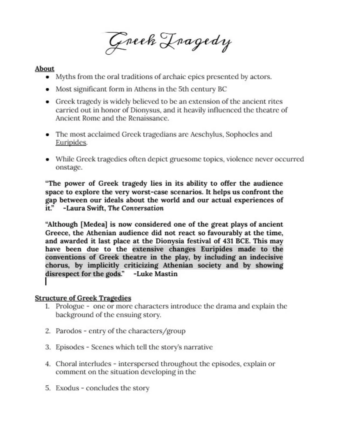 A document about Greek tragedy, including its myths, history, significance, structure, and notable playwrights like Aeschylus, Sophocles, Euripides, Medea, and Luke Mastin.