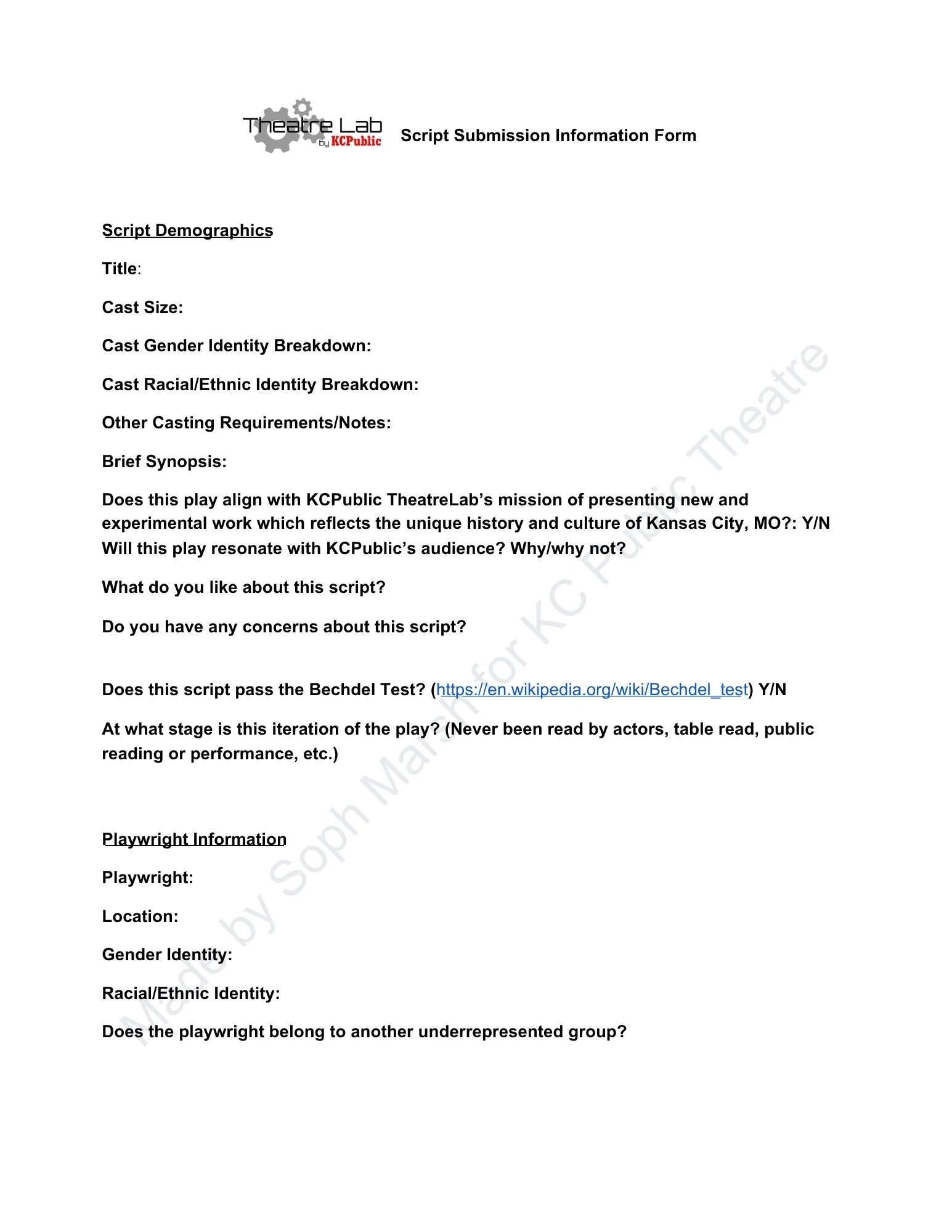 KCPublic Theatre Lab script submission form with sections for demographics, synopsis, audience resonance, script evaluation, Bechdel test, iteration stage, and playwright information.