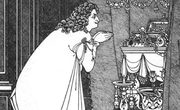 A woman with curly hair, dressed in historical clothing, appears to be smelling or examining an object near a decorated table with ornate items. The scene is set indoors with detailed furnishings and drapery.