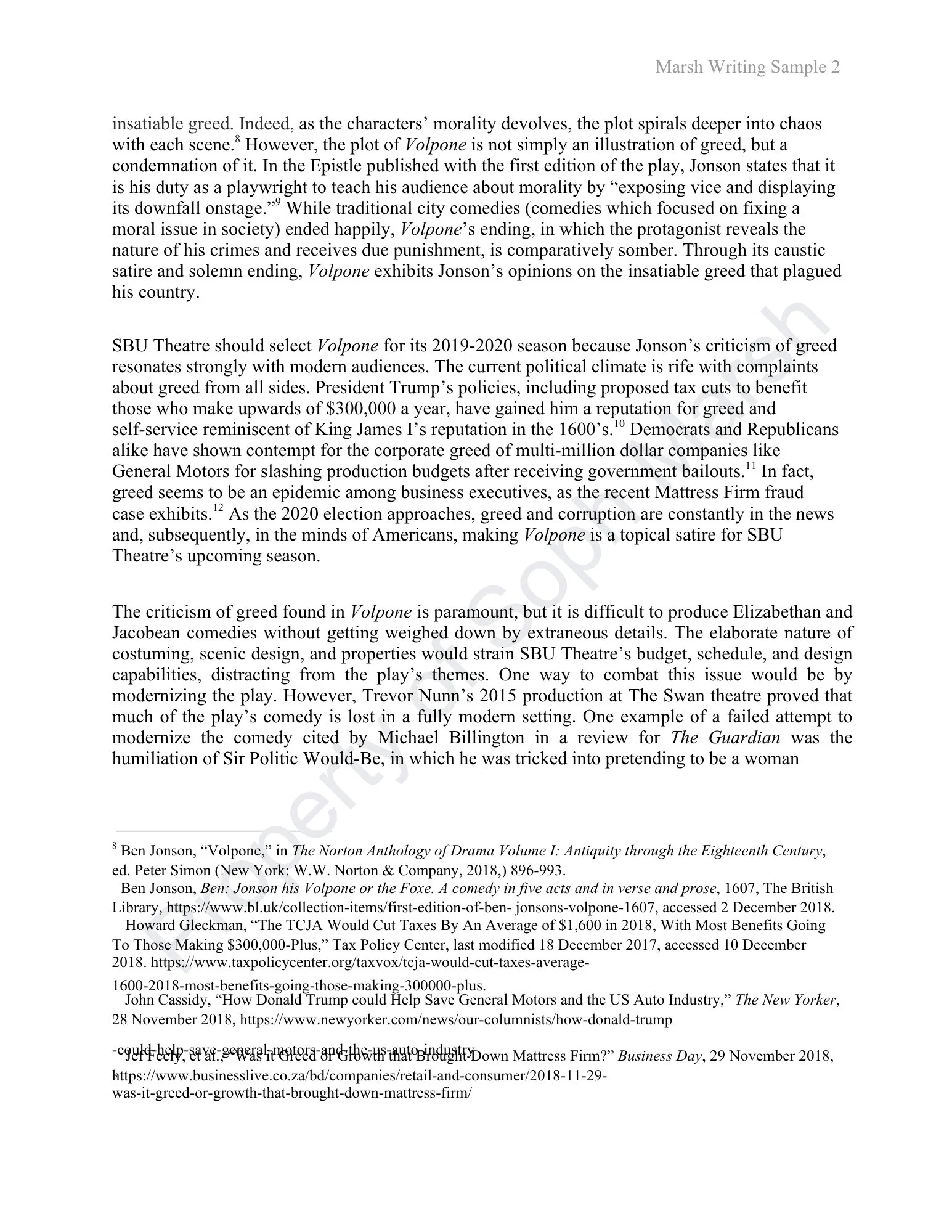 Page of scholarly text discussing the play Volpone, its themes, political climate, and its relevance to modern satire and debate about greed.