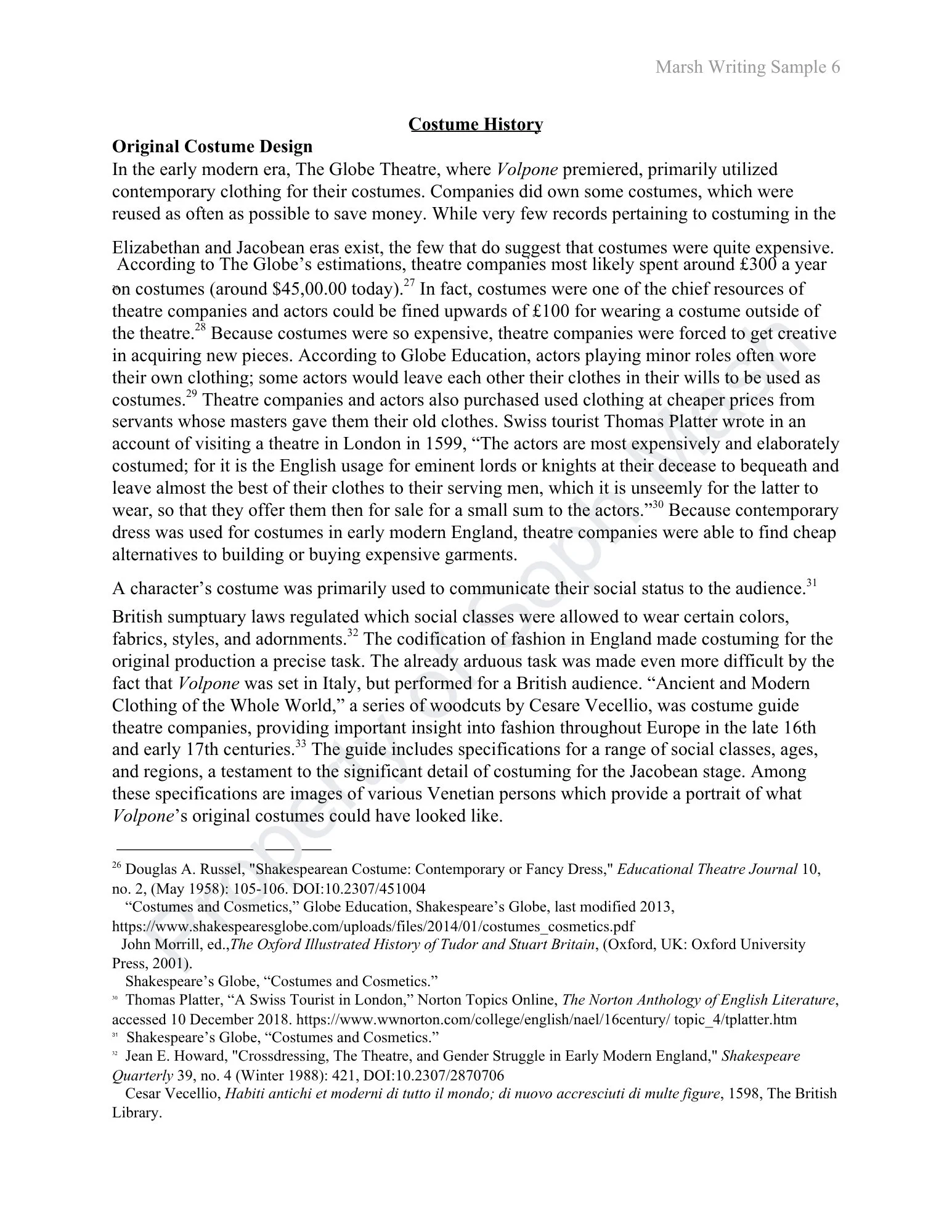 A page of text from a document titled 'Costume History,' discussing the history of costumes in theater, including early modern costumes, regulation by social classes, and historical costume guides.