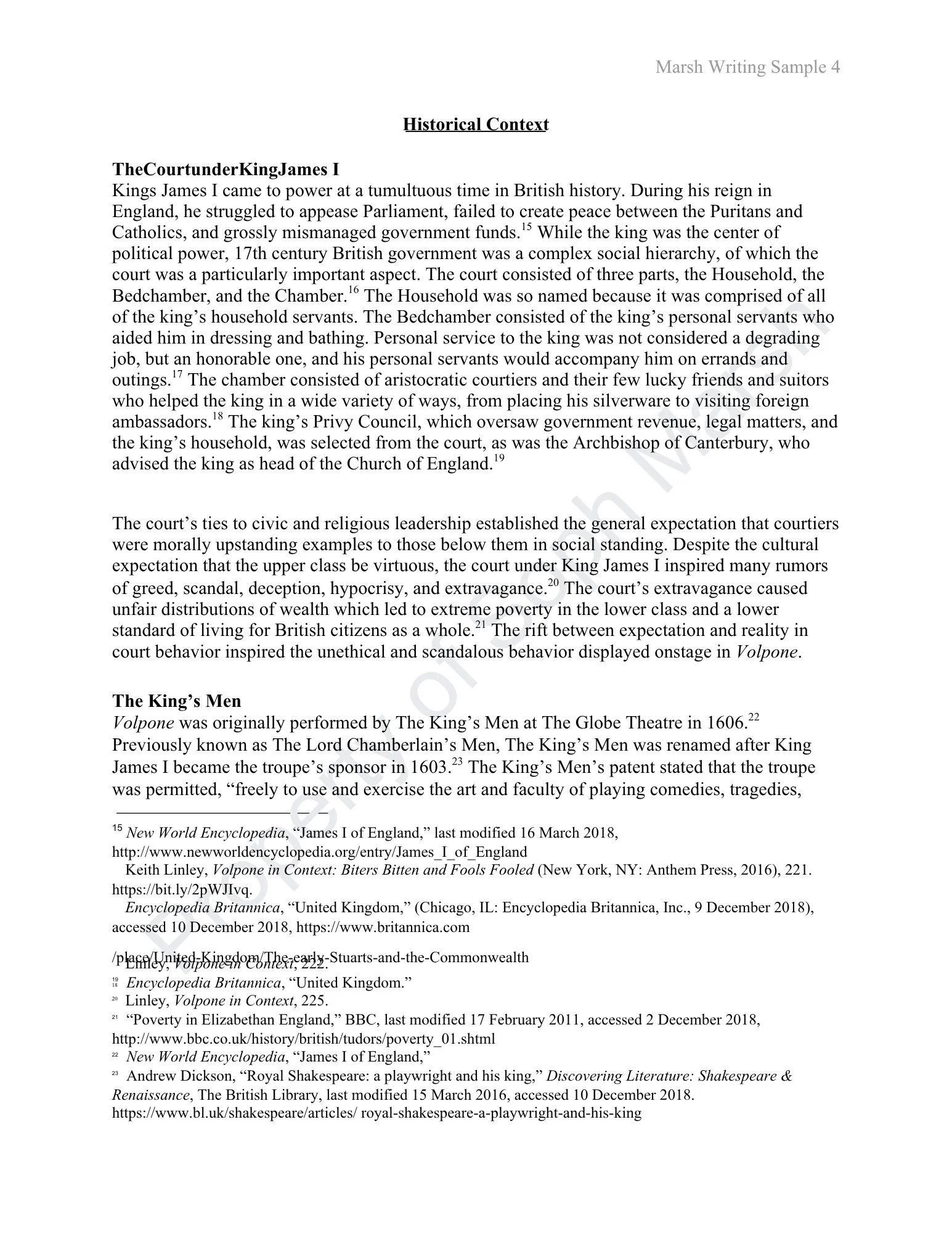 A page of text from a document titled 'Marsh Writing Sample 4' discussing the historical context of King James I and related topics.