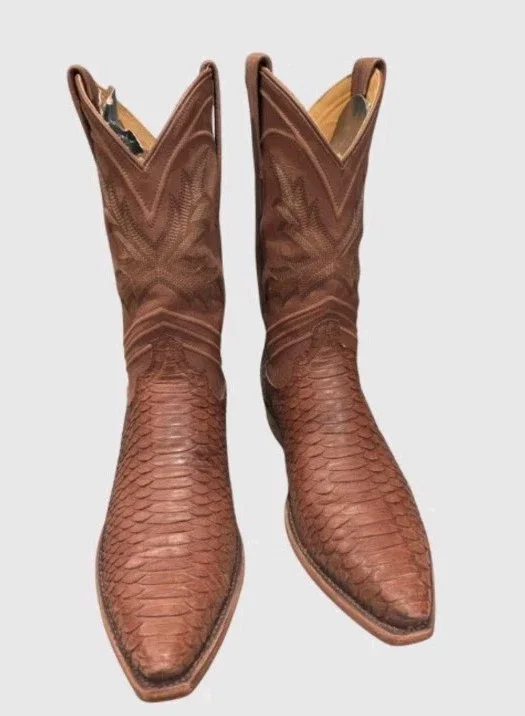 Men's Tecovas Barrett Brick Snip Toe Python Skin Cowboy Boots Size 8.5 EE Wide