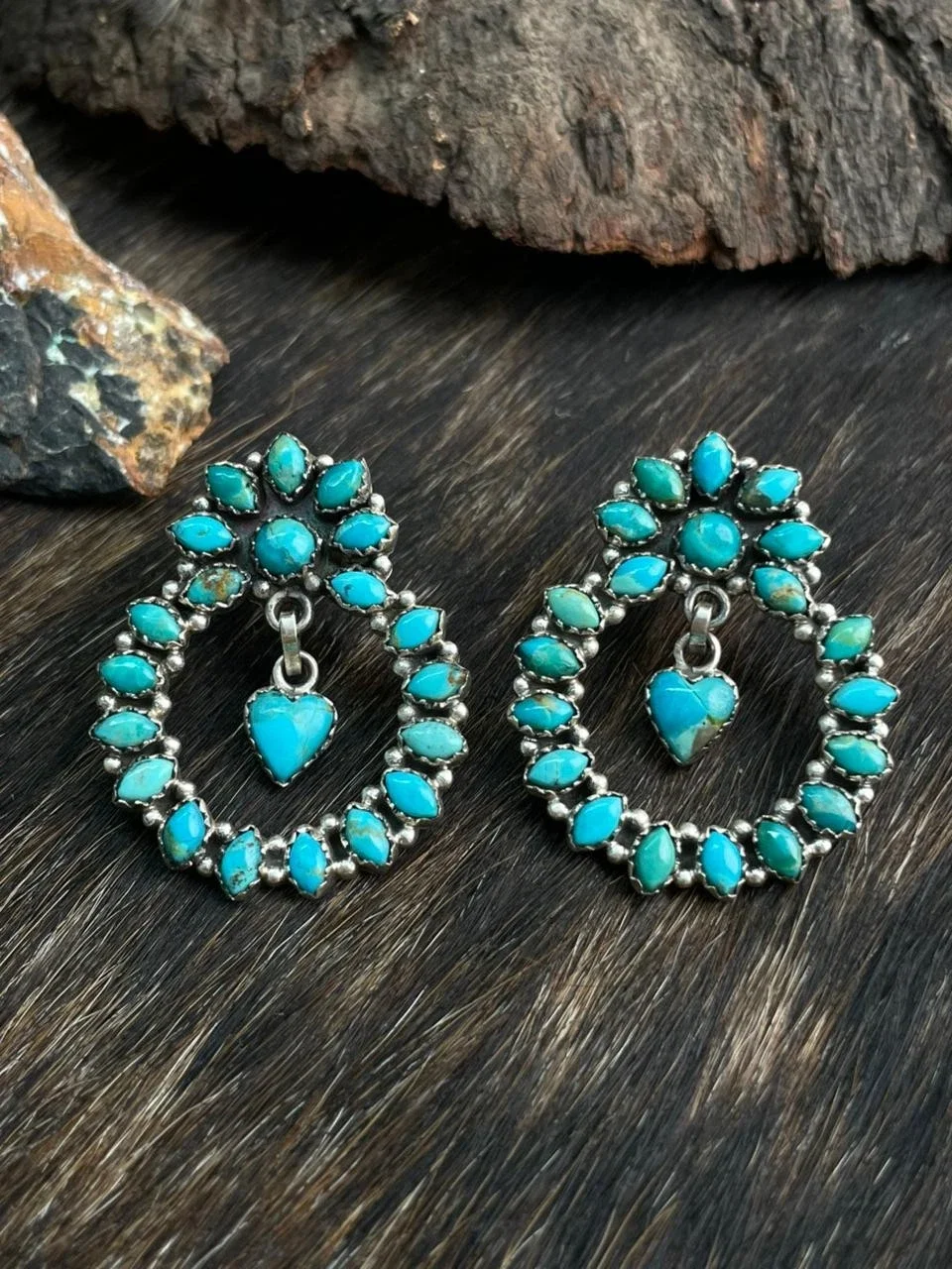 Handmade Sterling Silver Kingman Turquoise Post Dangle Hoop Earrings Signed Ni