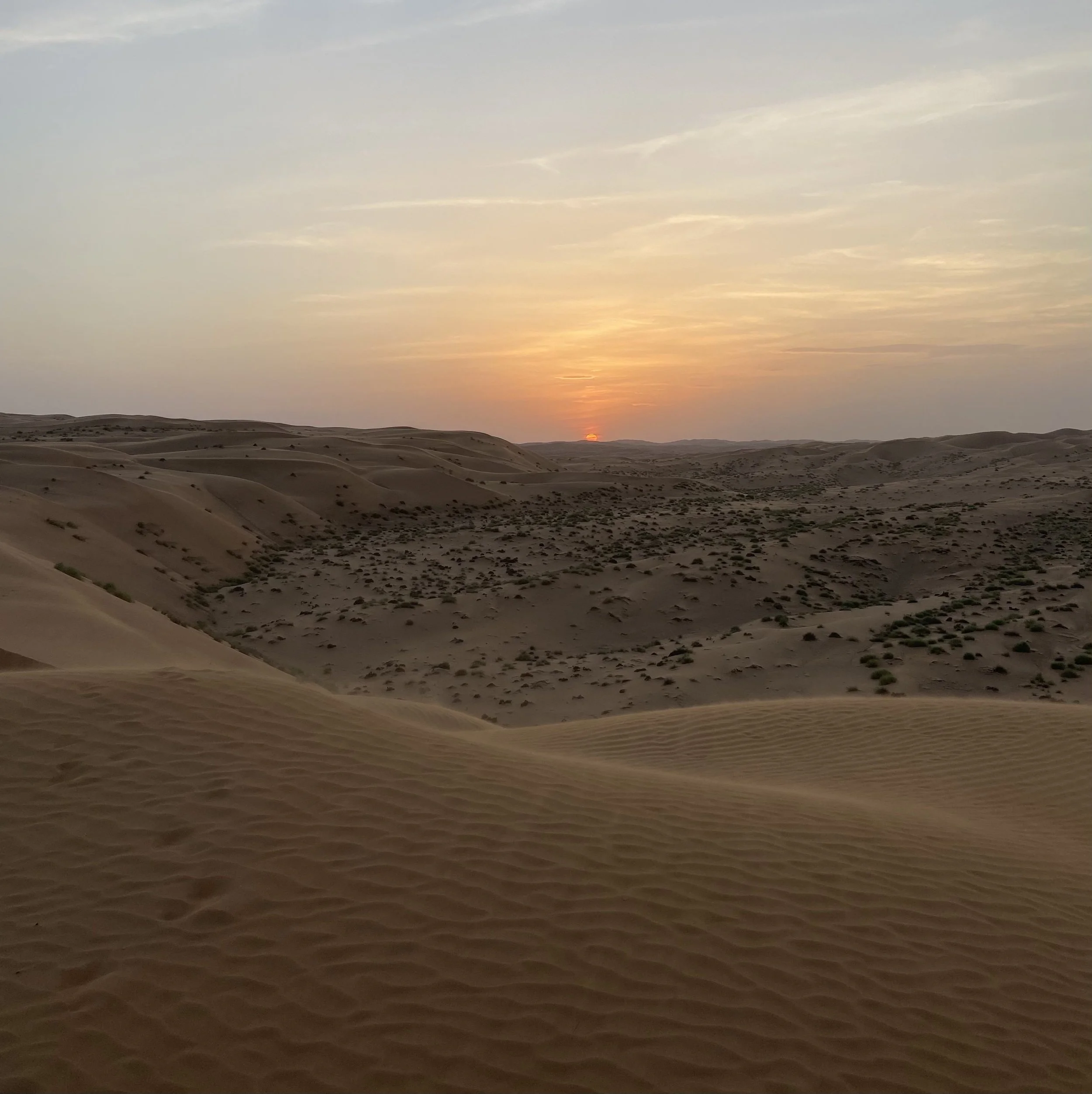 A beautiful sunset in the desert of Oman with rolling sand dunes
