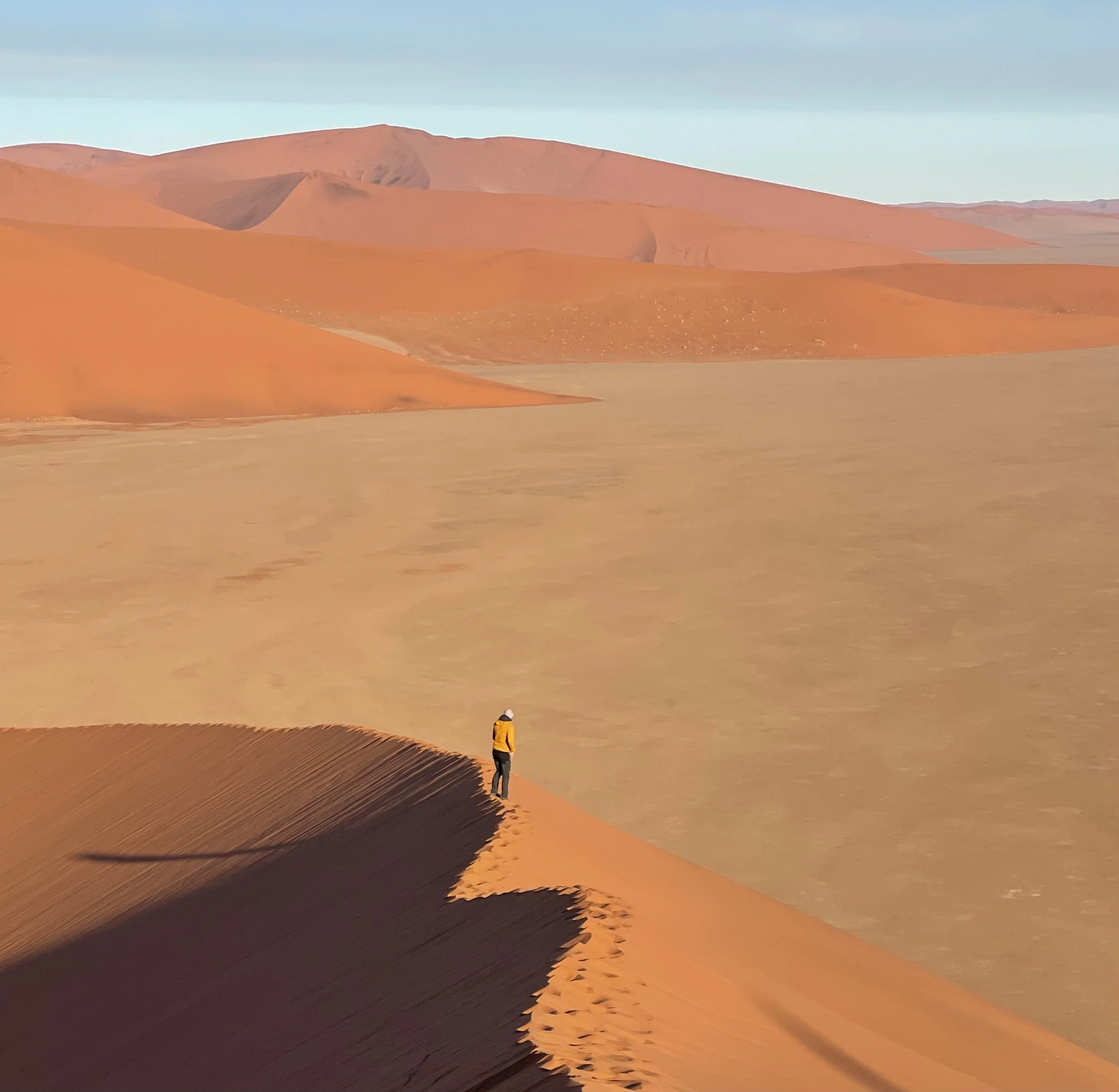 Traveller standing on the ridge of a high orange sand dune looking over the vast Namib Desert in Sossusvlei Namibia.