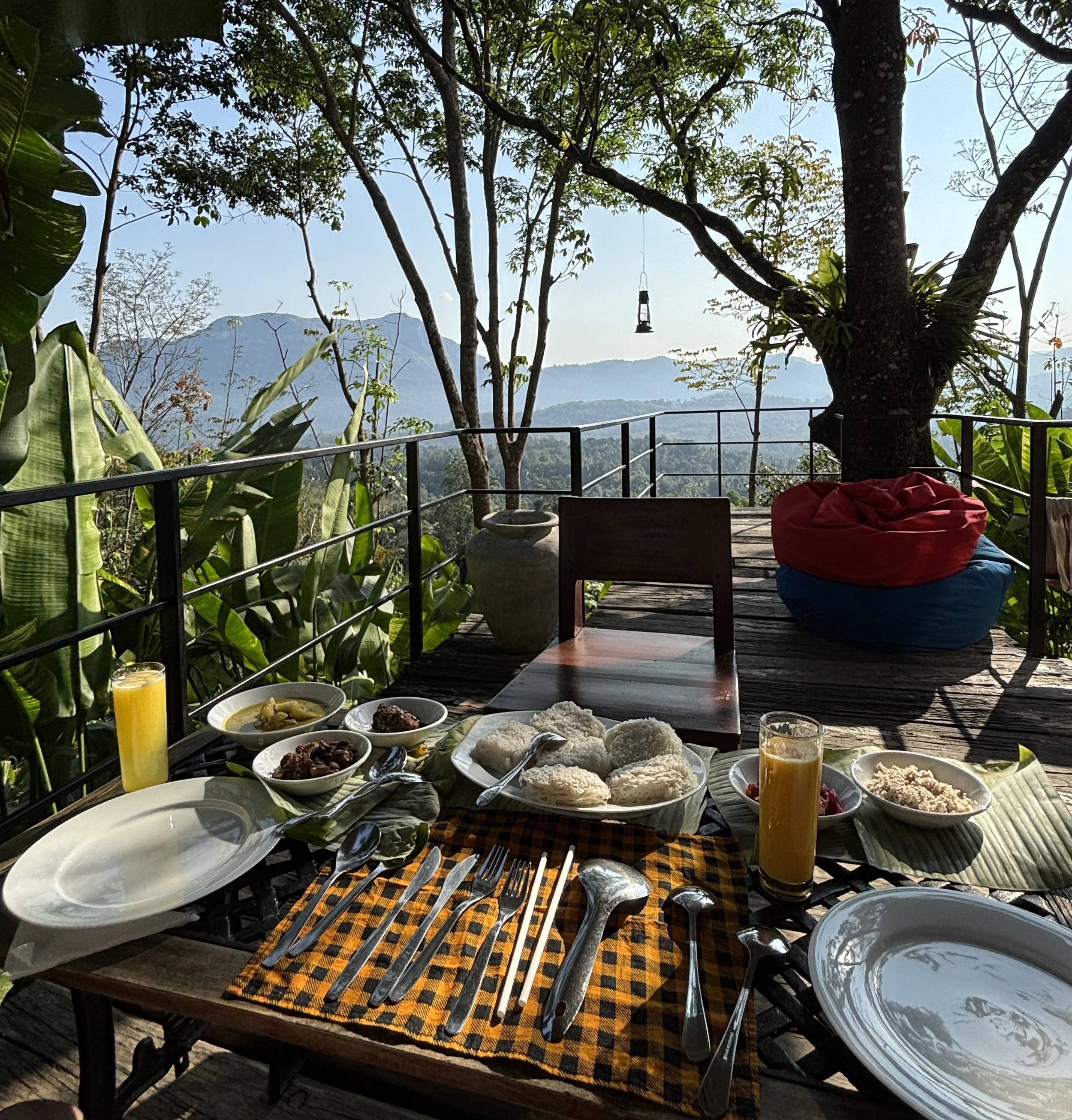 breakfast, view, forest, mountains, sunrise, airbnb, eco-lodge