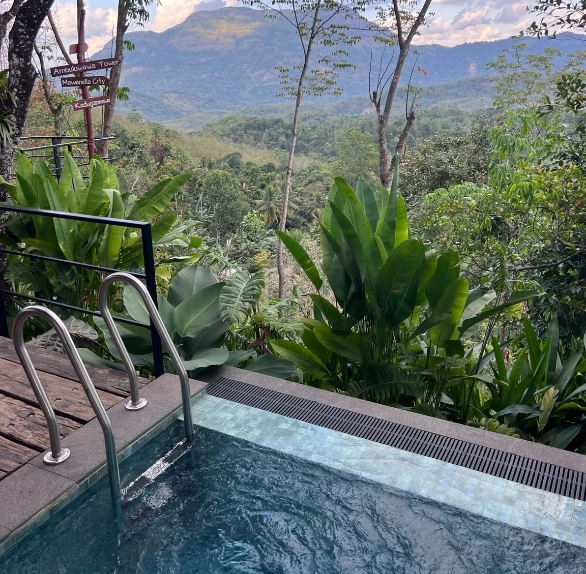 Pool view overlooking the valley at Heliconia Ledge in the highlands of Sri Lanka