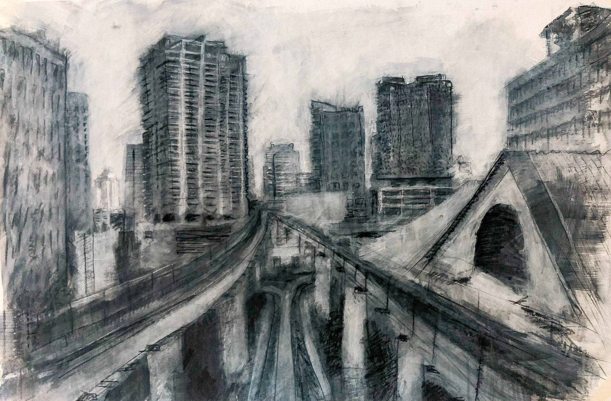 A black and white watercolor painting of a cityscape with tall buildings, a bridge, and streets viewed from an elevated perspective.