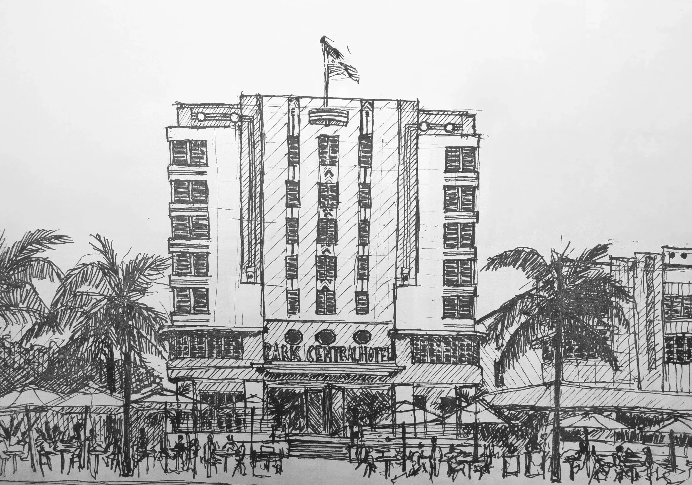 Park Central Hotel 640 Ocean Drive Miami Beach architectural sketch by Yann Herry