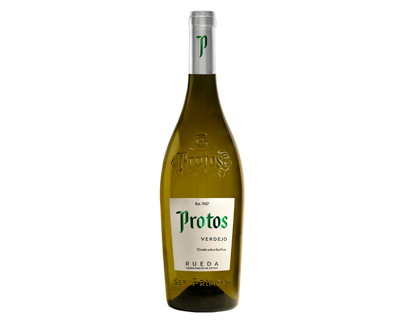 Botella de vino blanco Protos Verdejo de la bodega Protos, con etiqueta blanca y letras verdes, en un fondo blanco.
