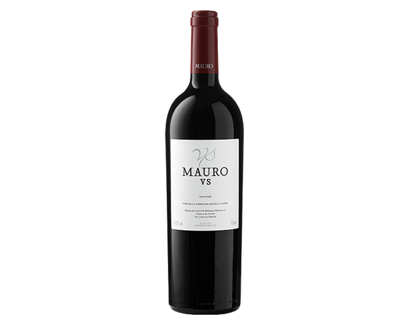 botella de vino tinto Mauro VS, con etiqueta blanca y tapa burdeos, en fondo blanco