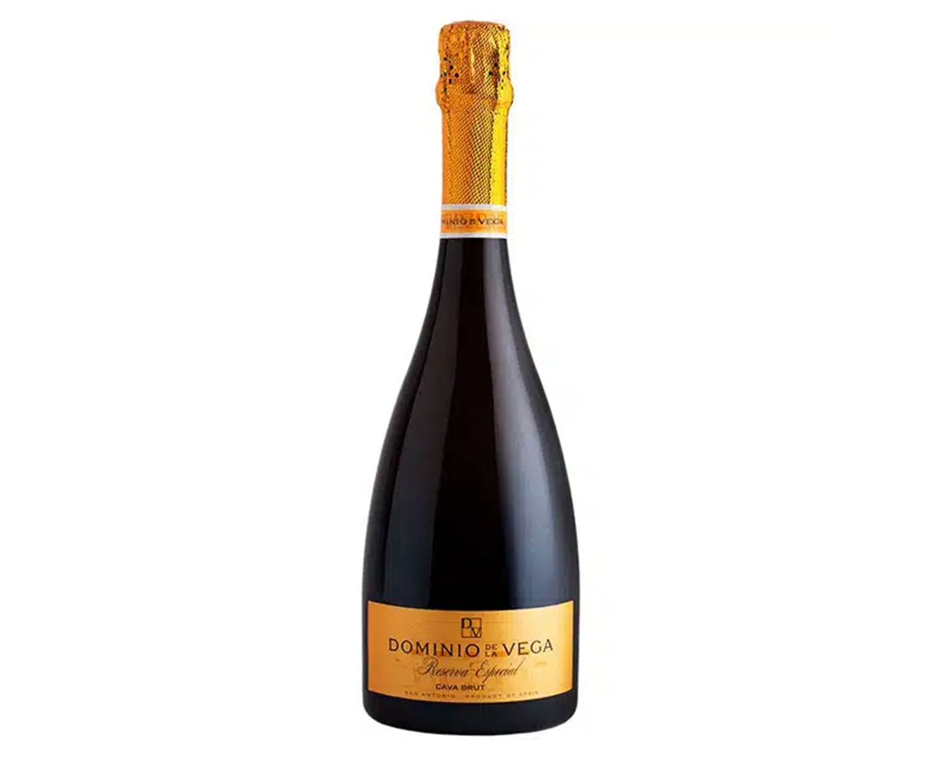 Botella de vino espumoso Dominion de Vega Reserva Especial Cava Brut con etiqueta anaranjada.