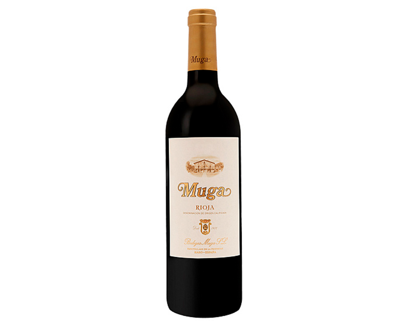 Botella de vino tinto Muga Rioja con etiqueta blanca y detalles en dorado.