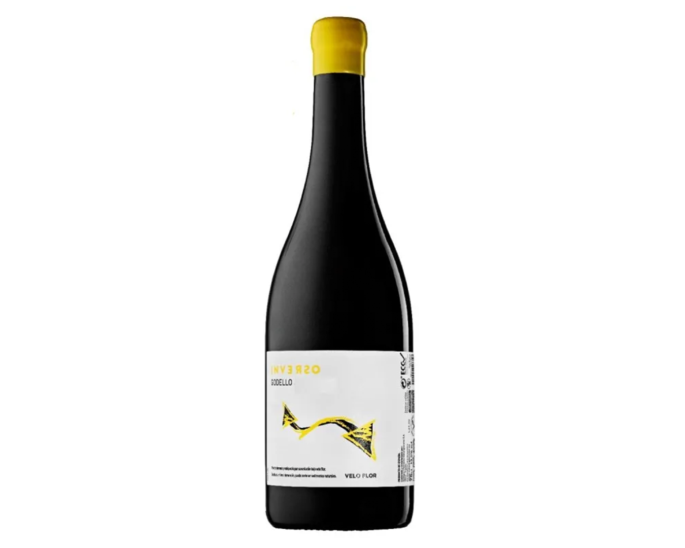 Botella de vino con etiqueta blanca y dibujo de una flecha amarilla y negra, y etiqueta que dice 'Os Ream' en letras amarillas.