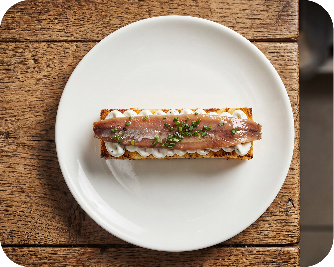 Tosta con mayonesa, una sardina y cebollín en un plato blanco sobre mesa de madera.