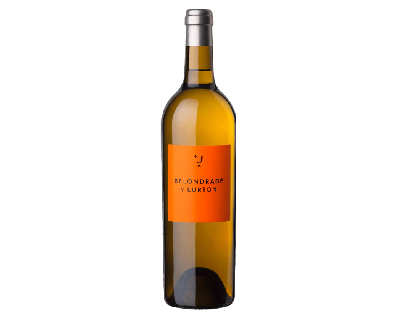 Botella de vino con etiqueta naranja que dice 'BELONDRADE Y LURION'.