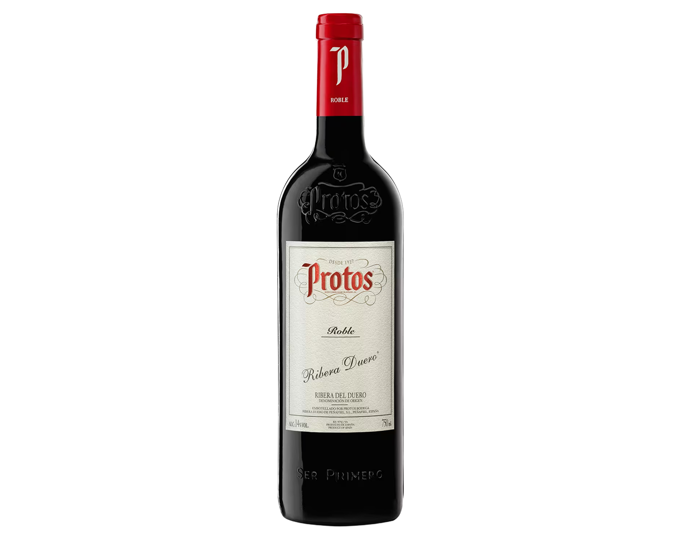 Botella de vino tinto Protos Roble, de la bodega en Ribera del Duero, con etiqueta blanca, texto en rojo y negro, y cápsula roja.