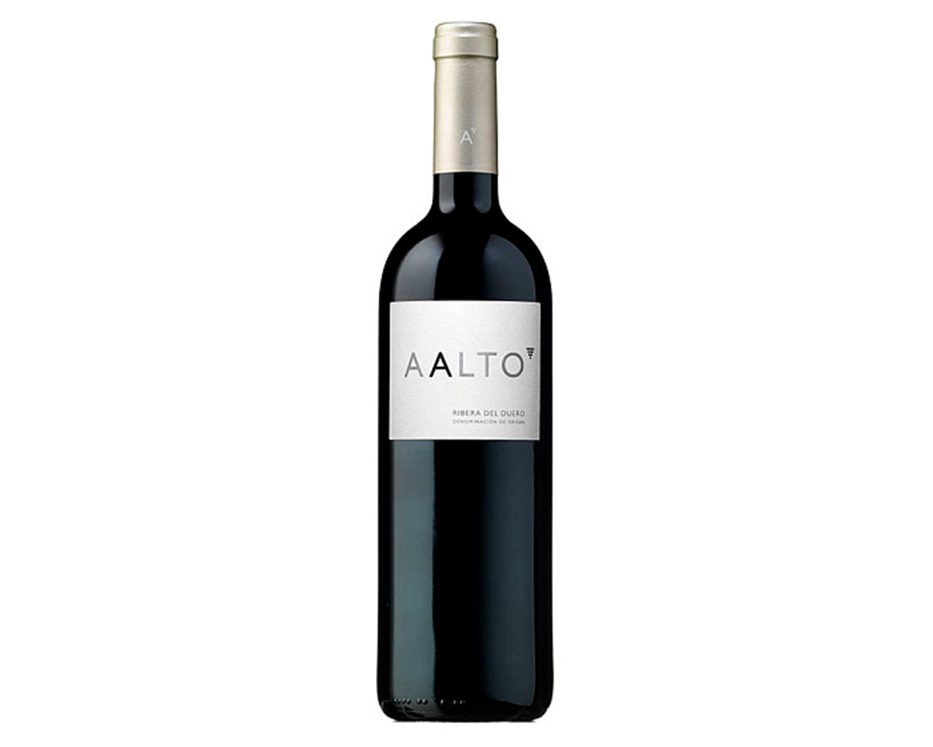 Botella de vino tinto AALTO con etiqueta blanca y tapa metálica, sobre fondo blanco.