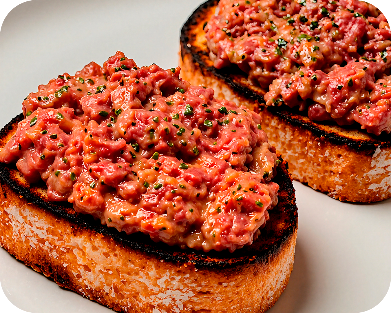Tostadas de pan con carne de res picada, cebolla y especias, servidas sobre rebanadas de pan tostado con bordes quemados.