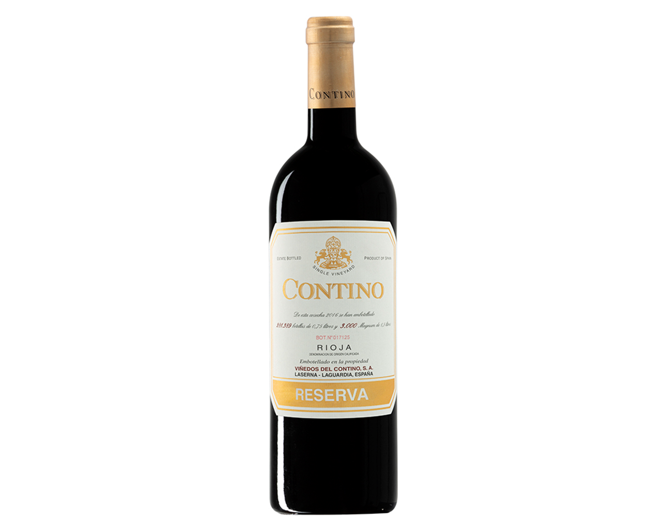 Botella de vino tinto con etiqueta que dice 'Contino Reserva'.