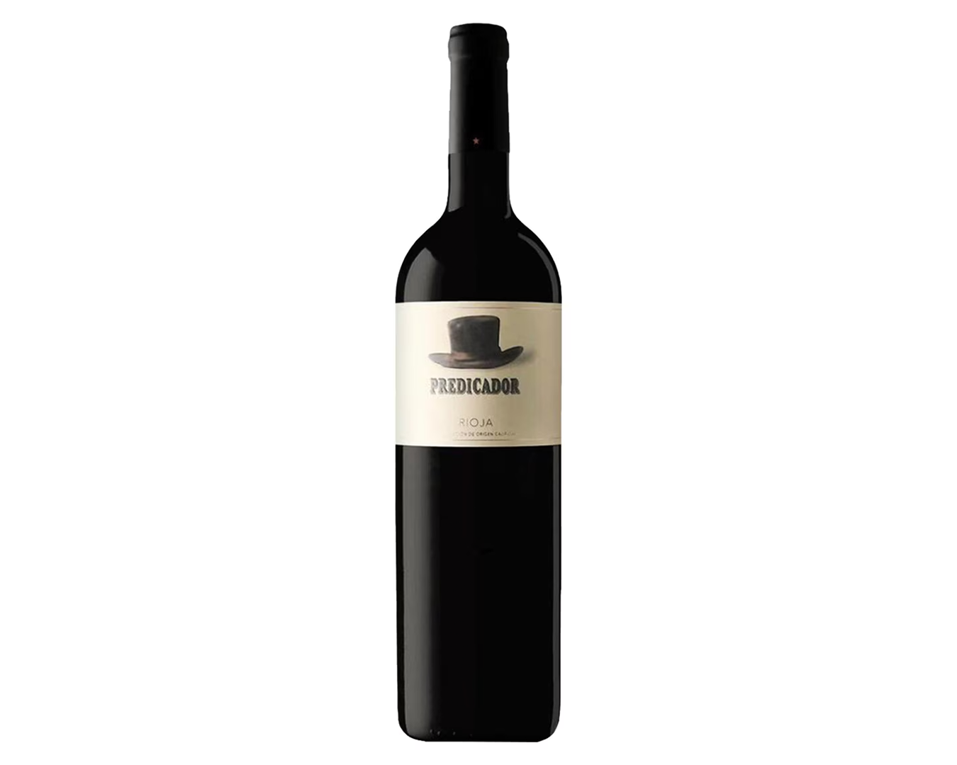 Botella de vino tinto con etiqueta que dice 'Predicador', con un sombrero en la etiqueta, en fondo blanco.
