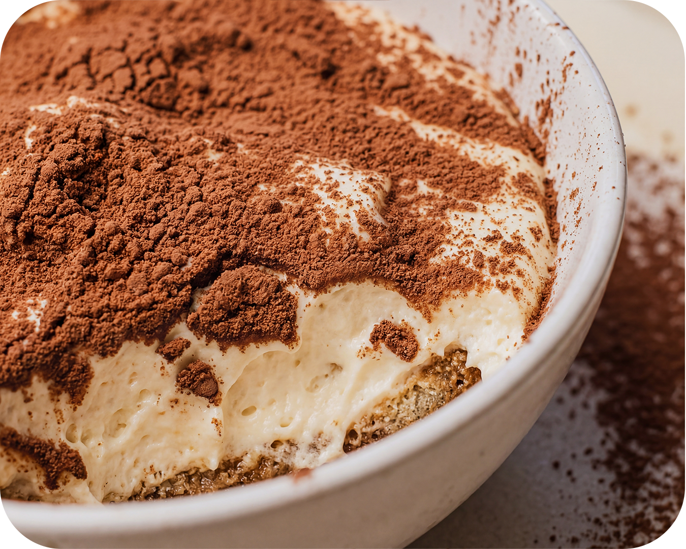 Capas de helado de vainilla con polvo de cacao y galletas trituradas en un recipiente blanco.
