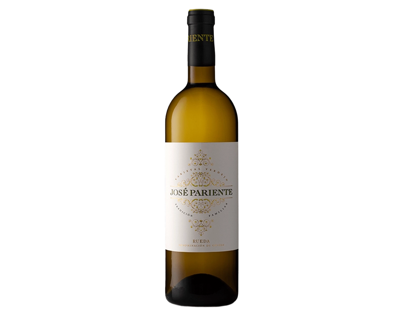 Botella de vino blanca con etiqueta que dice José Pariente, en fondo blanco.