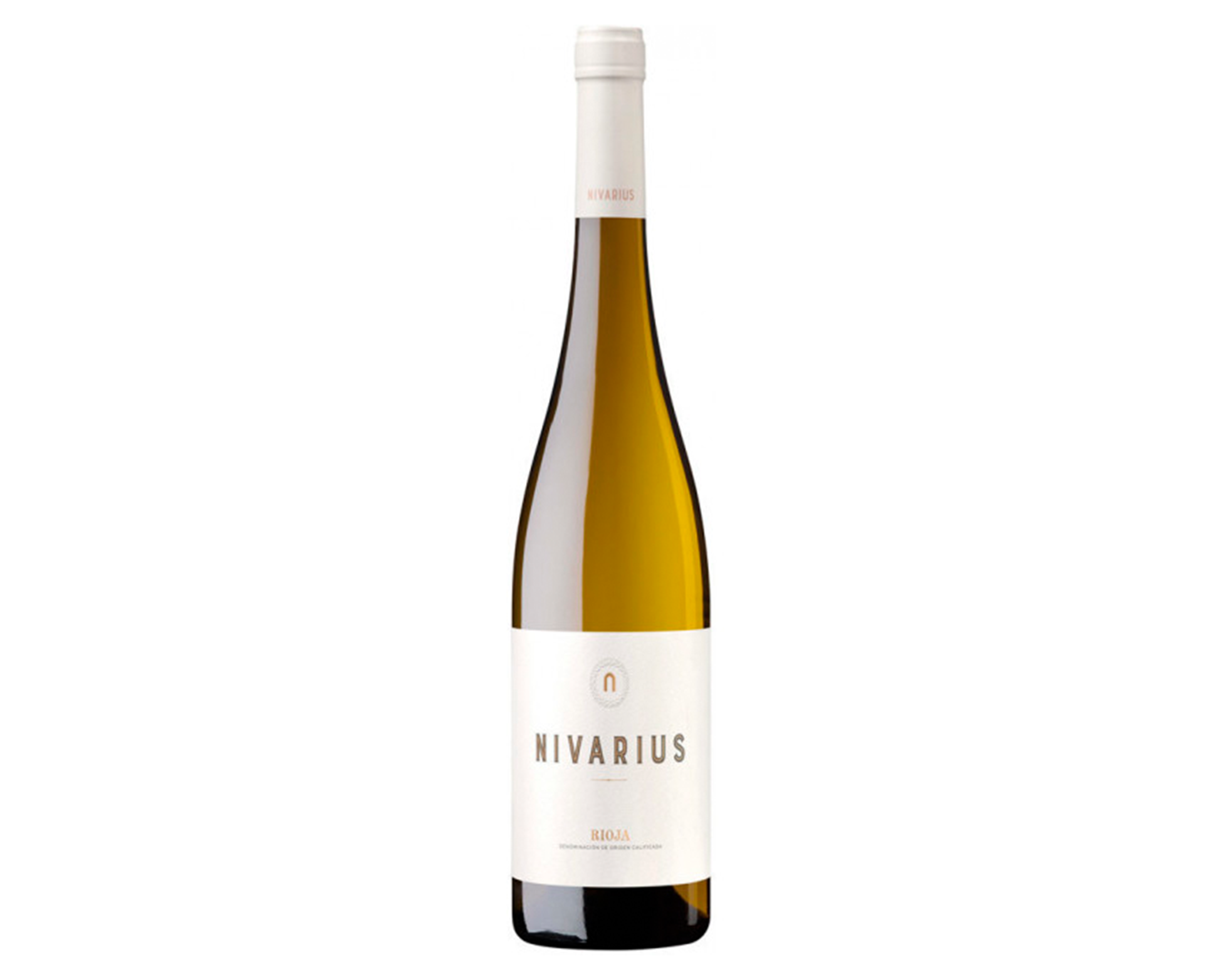 Botella de vino Nivarius con etiqueta blanca y texto en negro, vino blanco, de la región Rioja, en un fondo blanco.