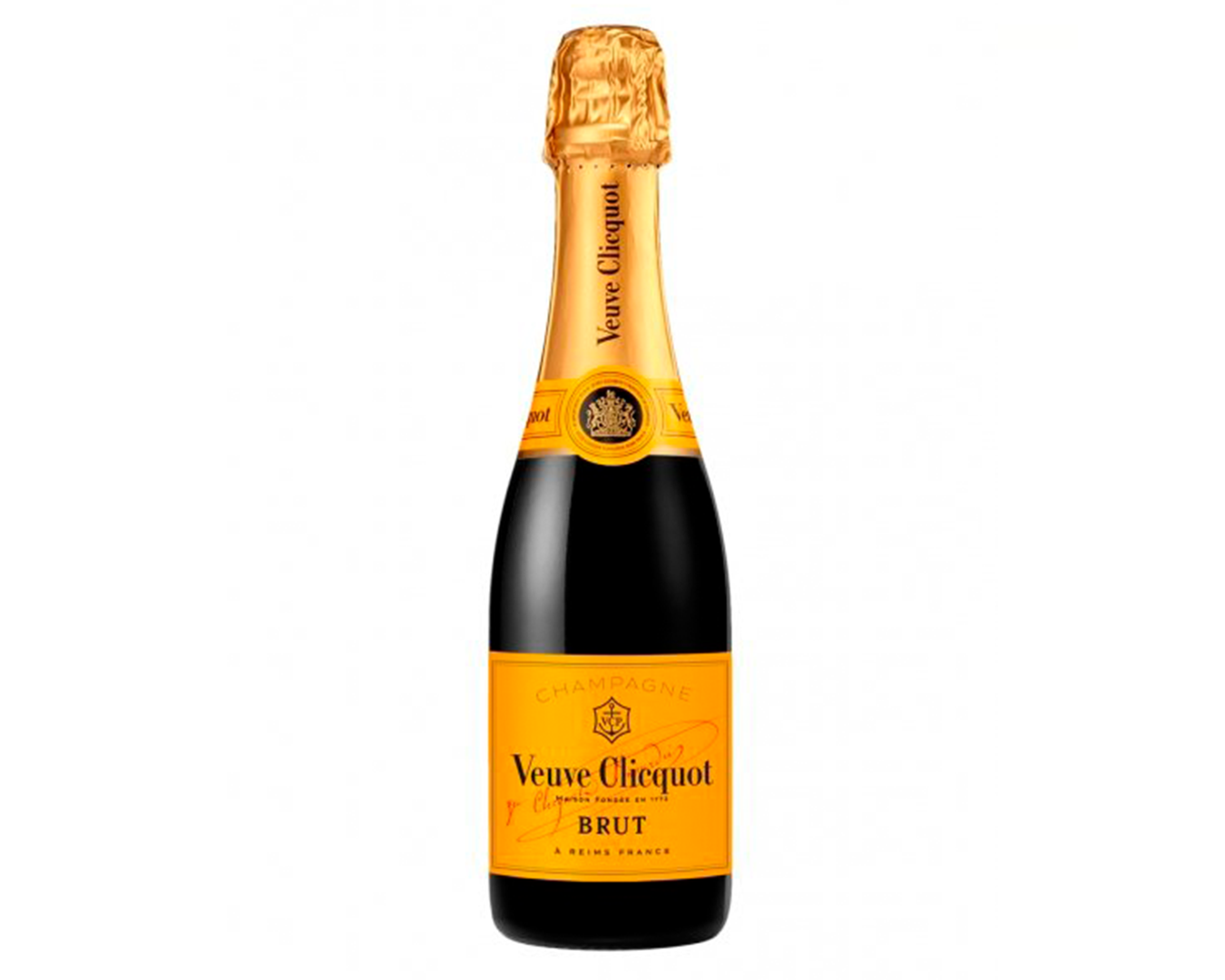 Botella de champagne Veuve Clicquot con etiqueta amarilla y envoltura dorada en la tapa.