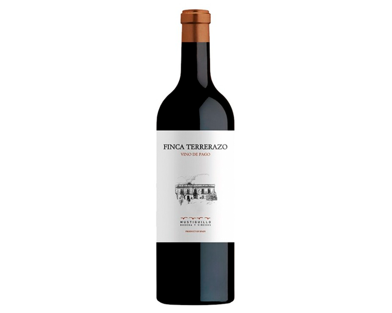 Botella de vino tinto con etiqueta que dice 'Finca Terrazzo', con dibujo de una casa y el nombre 'Mustiguillo' en la parte inferior.