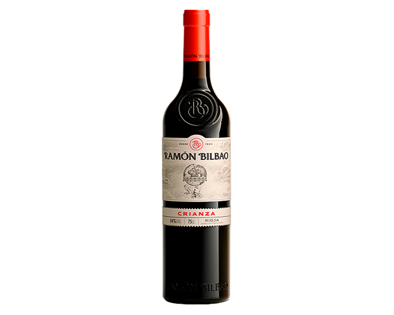 Botella de vino tinto Ramón Bilbao Crianza con etiqueta y sello en fondo blanco.
