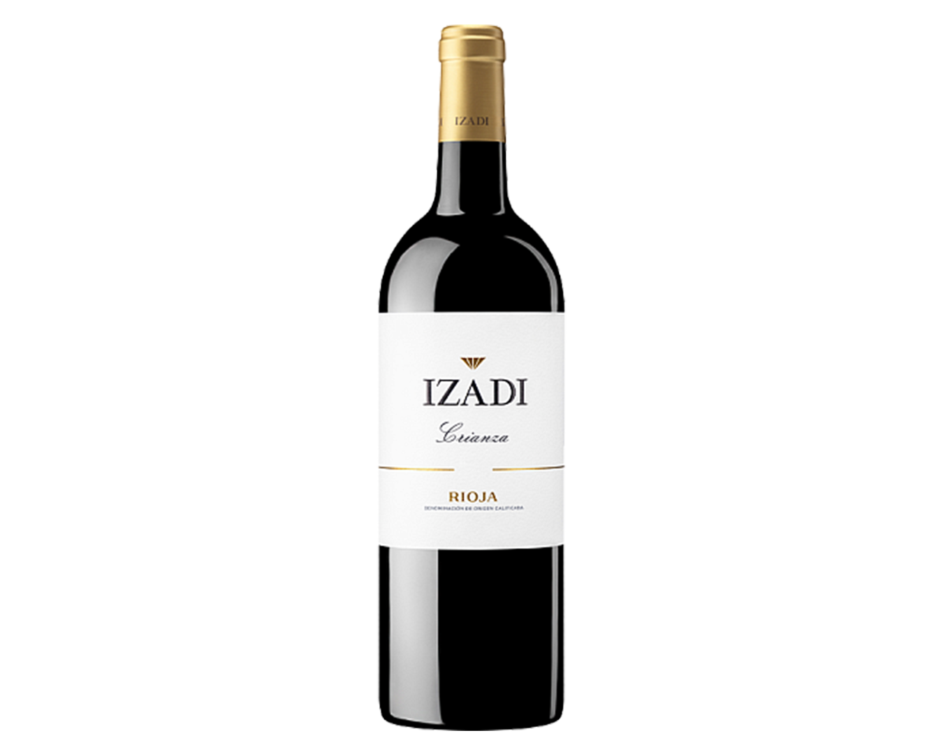 Botella de vino tinto Izadi de la región Rioja, con etiqueta blanca y detalles dorados.