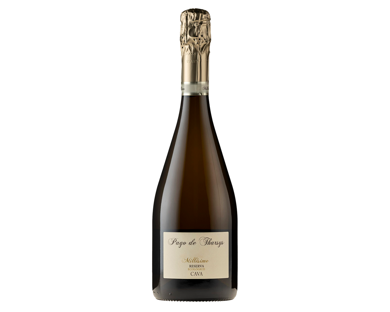 Botella de cava Millésime Reserva Ecológico con etiquetas en francés y esfera dorada en la parte superior