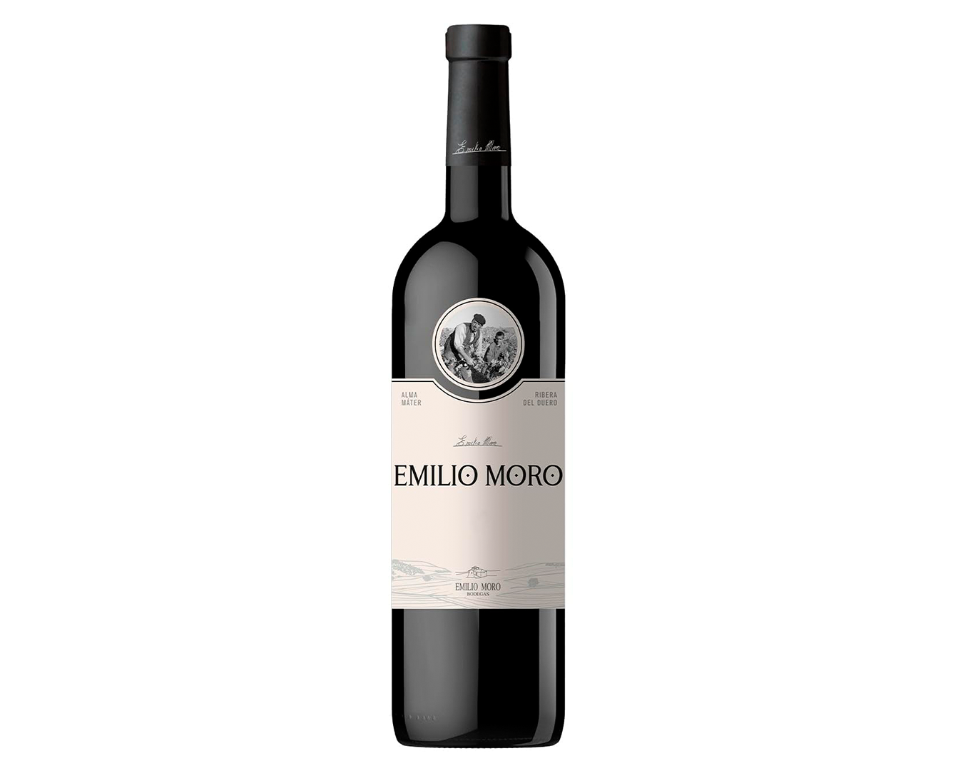Botella de vino tinto con etiqueta que dice 'Emilio Moro' y una ilustración en blanco y negro, con detalles en gris y negro.