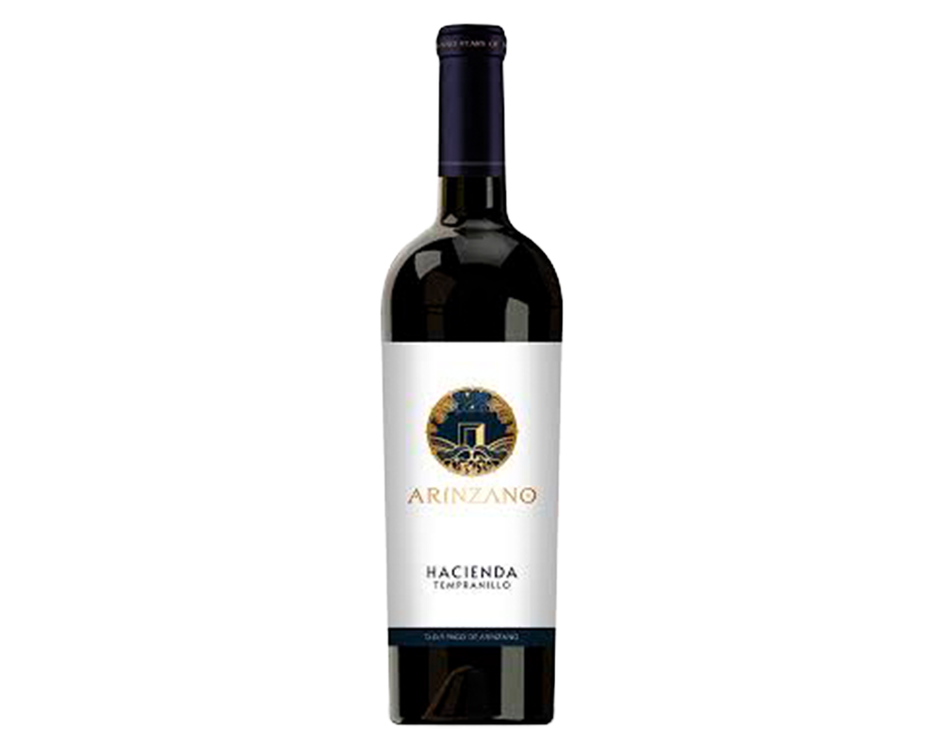 Botella de vino tinto con etiqueta blanca que dice 'Arinzano Hacienda Tempranillo' y tiene un logo circular con diseño en azul y dorado.