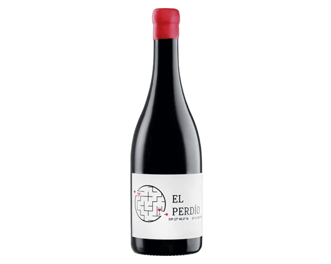 Botella de vino con una etiqueta que dice 'El Perdío' y un diseño de laberinto con una copa de vino en el centro, con un fondo blanco.