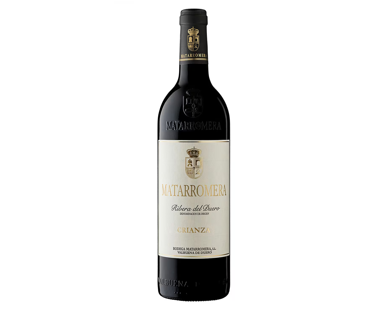 Botella de vino Tinto Matarronera Crianza, etiqueta blanca con escudo y texto en dorado y negro, fondo blanco