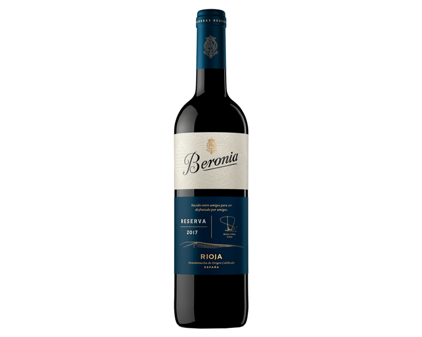 Botella de vino tinto Rioja Reserva 2017 de la marca Beronia con etiqueta azul y blanca