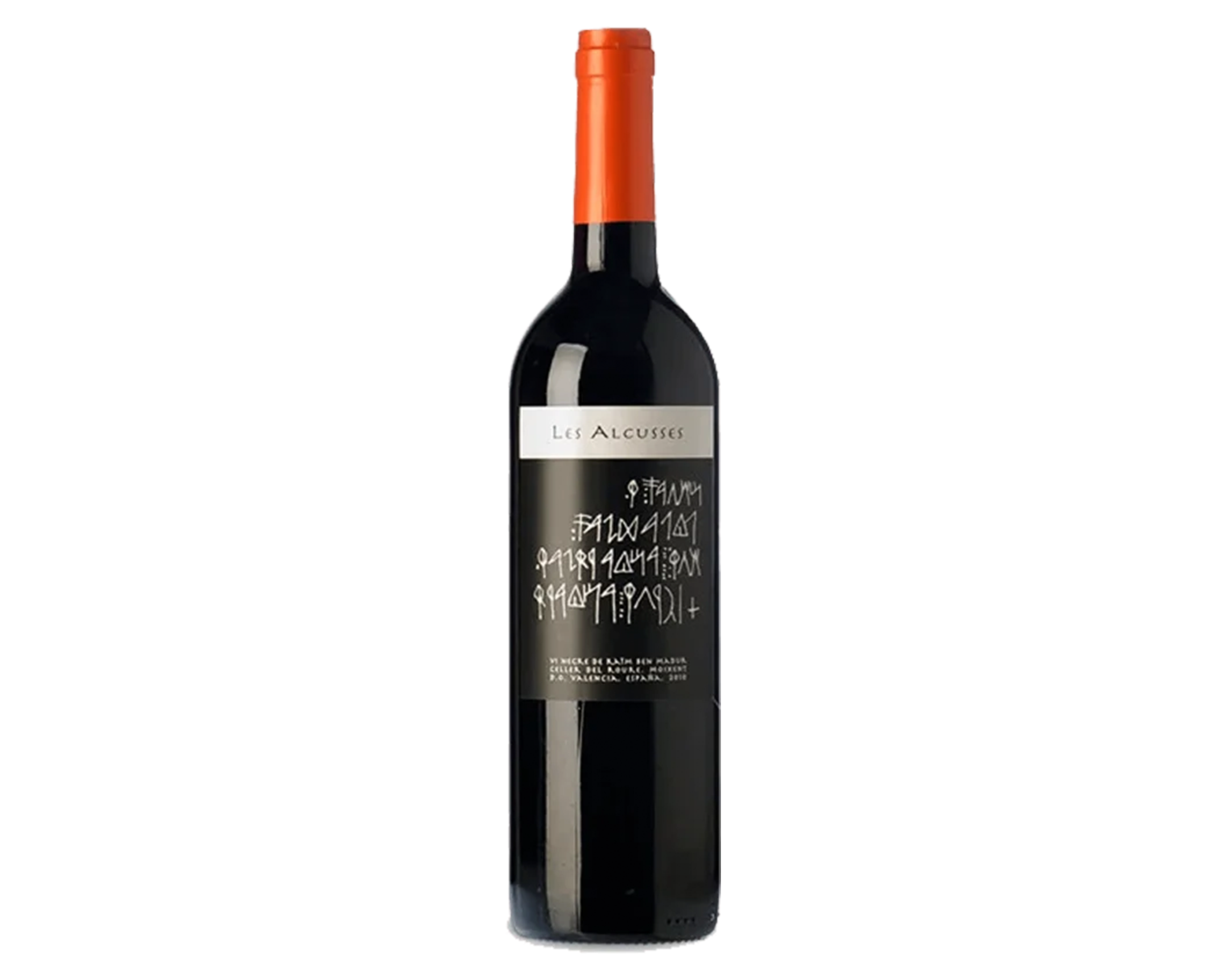 Botella de vino con etiqueta negra y tapón anaranjado