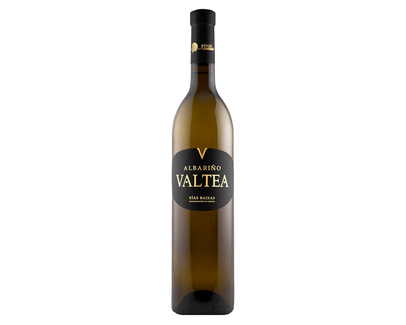 Botella de vino Valtea Albariño, con etiqueta negra y texto dorado, en fondo blanco.