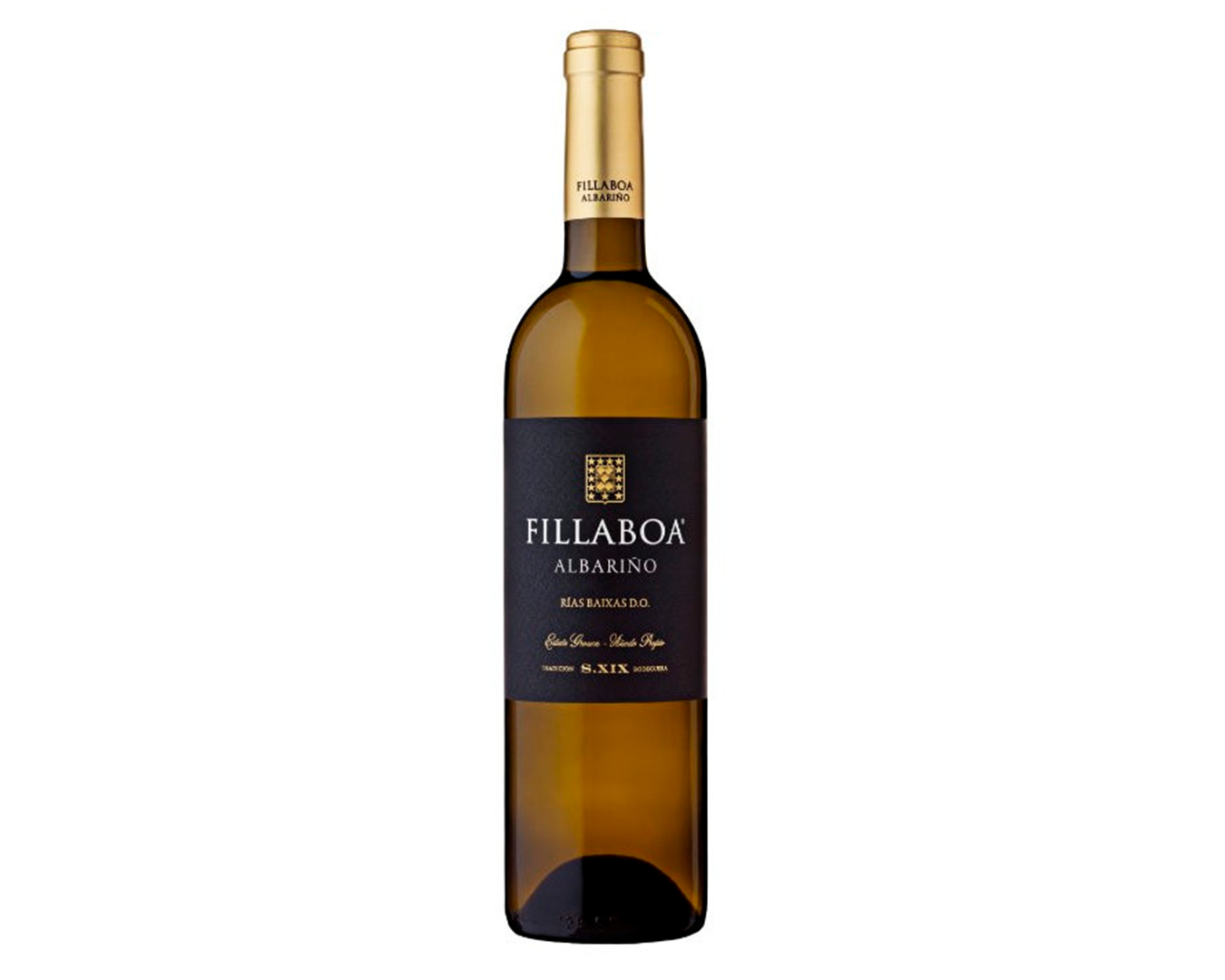 Botella de vino Fillaboa Albariño con etiqueta negra y dorada