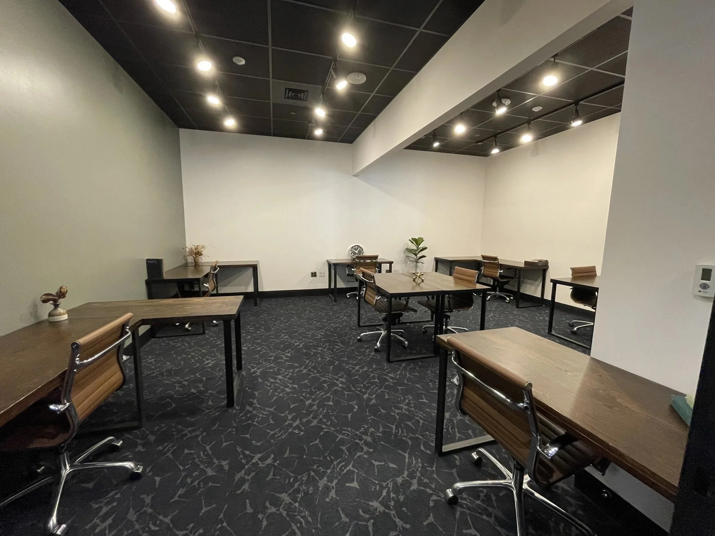 Commercial office painting in Denver, open-plan workspace with light gray walls and dark accent partition