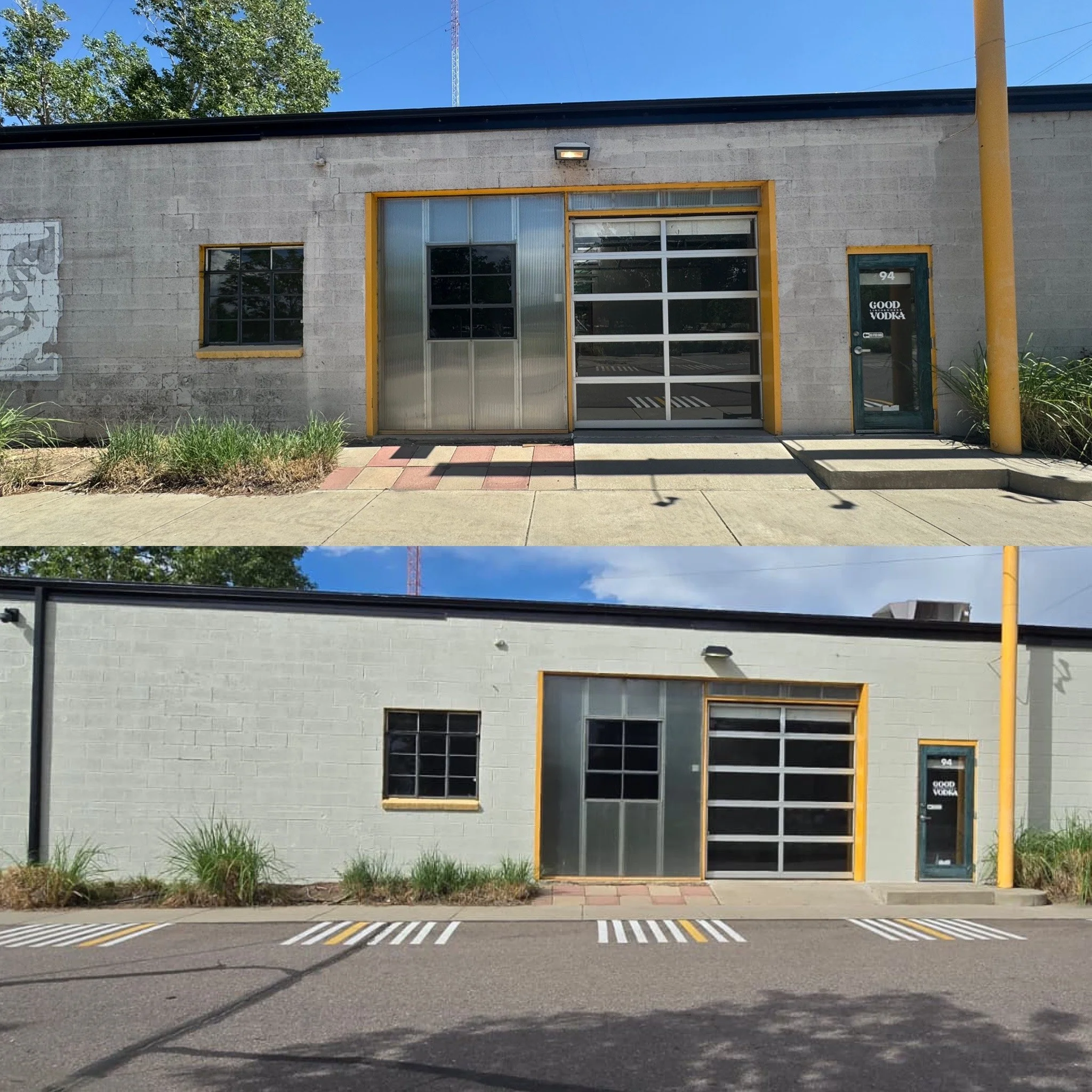 Before and after commercial exterior painting in Denver, concrete block building repainted from weathered gray to clean white with dark trim