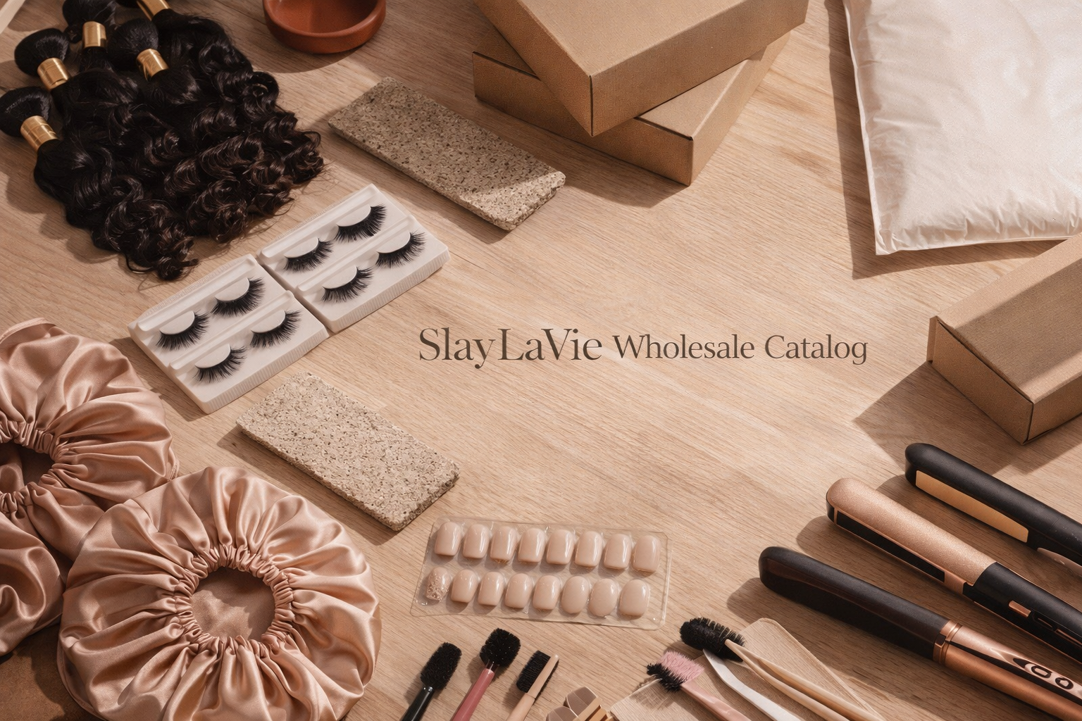 Flat lay of beauty and hair styling tools and accessories on a wooden surface, including false eyelashes, hair curlers, makeup brushes, and packaging boxes, with the text 'SlayLaVie Wholesale Catalog' in the center.