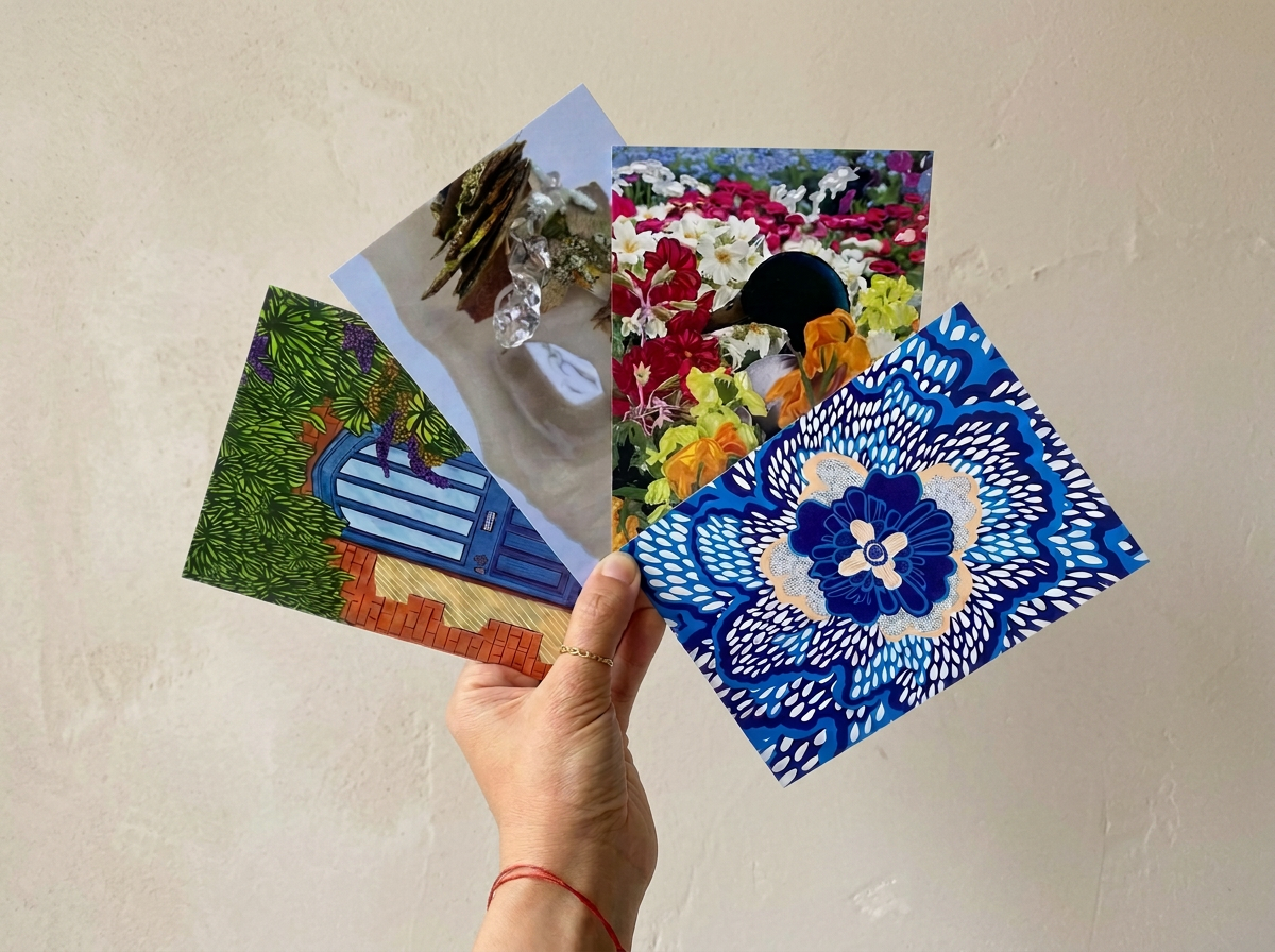 A hand holding five greeting cards with colorful, artistic designs and photographs, fanned out against a plain beige wall.