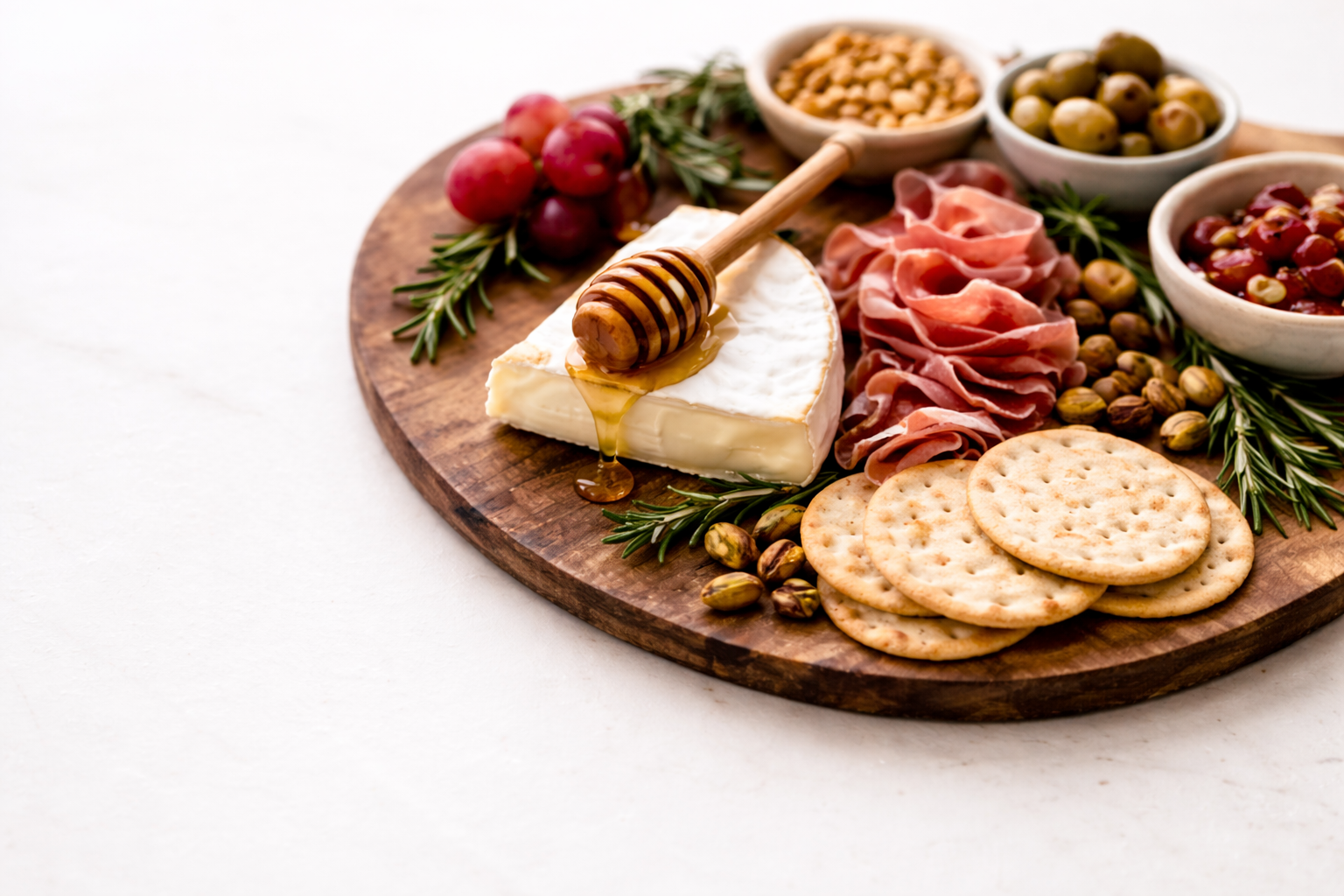 Cheese, crackers, prosciutto, grapes, olives, nuts, and sprigs of rosemary on a wooden serving board.